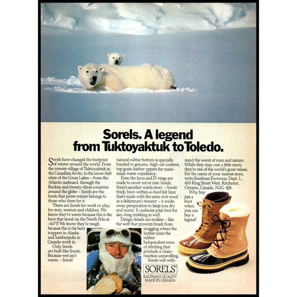 1984 Sorels Winter Boots Vintage Print Ad Polar Bear Cub Snow Kaufman Wall Art - Picture 1 of 1